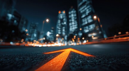 Night cityscape, low-angle view of road with arrow
