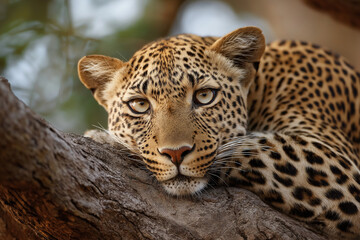 Obraz premium Leopard resting on tree branch, powerful predator at ease