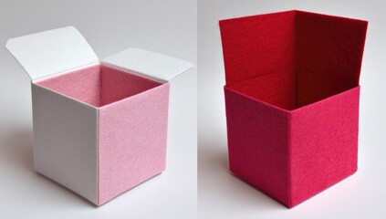 Two small, square felt-lined boxes, one white and one red