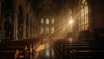 Sunbeams Streaming Through Stained Glass Windows in an Old Church interior cathedral