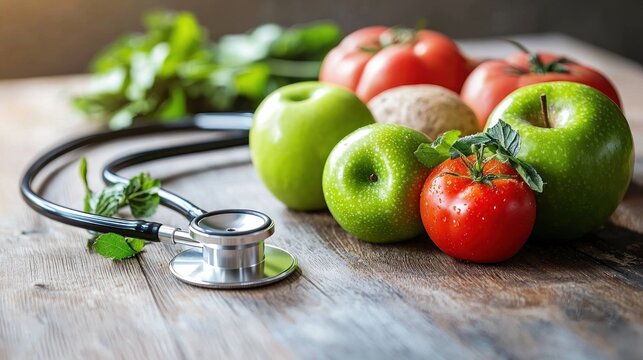 A stethoscope and fresh fruits on a wooden table. - Powered by Adobe