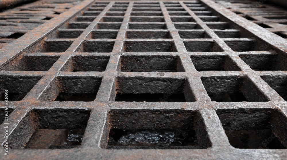 Poster close-up view of a weathered metal grid floor showcases its unique square designs and textured surfa