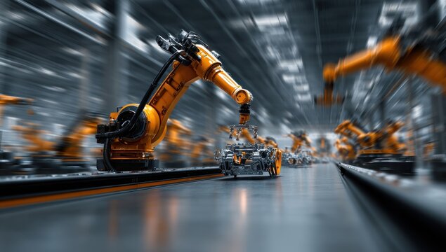 Automated Assembly Line: Robotic Arms Precision Manufacturing with Motion Blur