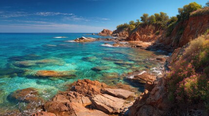 Fototapeta premium Rocky cliffs meet the crystal-clear waters of the sea in a tranquil coastal landscape. Vibrant greenery and colorful plants adorn the shoreline under a bright blue sky.