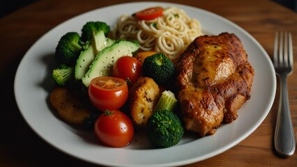 Delicious chicken dinner with pasta and fresh vegetables