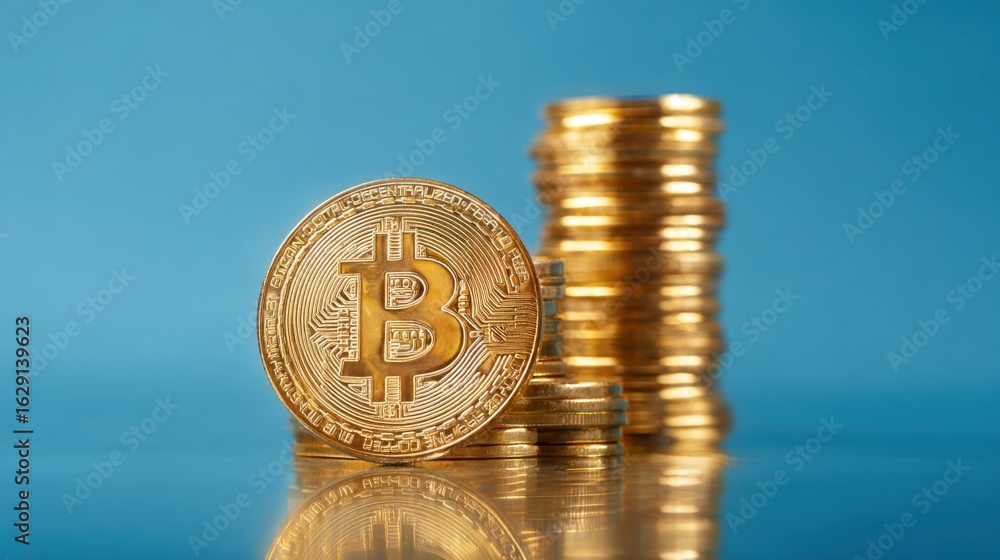 Poster a detailed bitcoin coin sits prominently in front of a stack of golden coins on a reflective surface