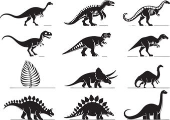 Dinosaur Prehistoric Life Icons on White Background  Vector Clipart Collection