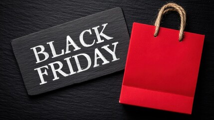 A vibrant red shopping bag sits next to a bold black sign announcing Black Friday, symbolizing the start of holiday shopping and great deals that await consumers.