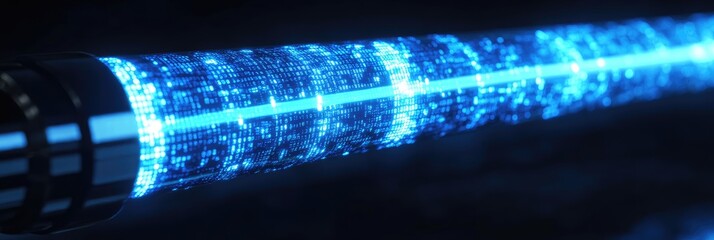A long, cylindrical digital pipe made of blue, glowing binary code with data flowing through it. The background is dark.