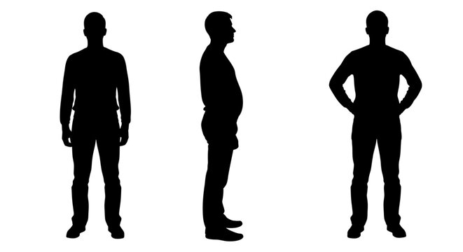 Silhouette of a Man in Three Poses: Front Side and Hands on Hips.