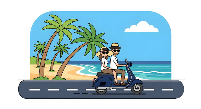 Happy Couple Riding Blue Scooter on Coastal Road with Palm Trees