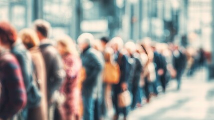 Obraz premium People stand in a long line at a bustling urban setting, showcasing a diverse group engaging in various activities in the bright sunlight.