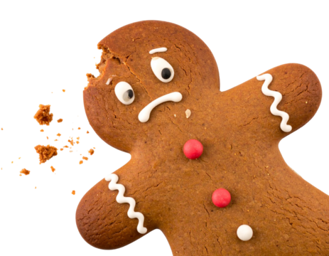 Broken Gingerbread Man with One Missing Arm and Crumbs, Emotional Expression, Isolated