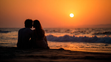 Silhouette of a couple sitting on a beach during a vibrant orange sunset scene
