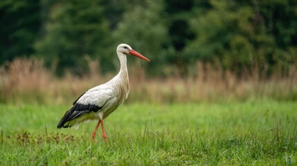 Obraz premium A stork with contrasting white feathers and a striking red beak is walking gracefully across a lush green field surrounded by tall grass and trees under clear skies.