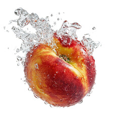 Juicy peach splashing into crystal clear water, creating dynamic droplets and refreshing spray, perfect for vibrant summer campaigns and healthy lifestyle promotions.