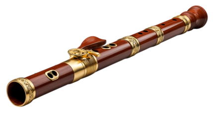 Ornate wooden clarinet with gold keys isolated on transparent background