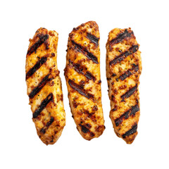 Delicious grilled chicken breast strips seasoned to perfection with savory spices, showcasing appetizing char marks and a golden brown hue, ideal for healthy meals and culinary inspiration.