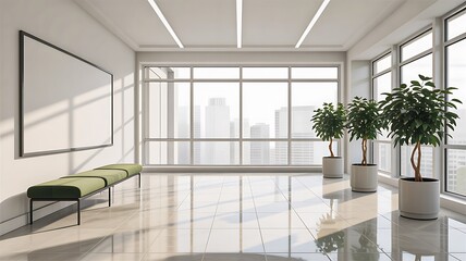 Modern office lobby with large windows, green bench, indoor plants and whiteboard in bright interior space
