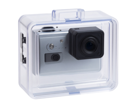 Waterproof Action Camera with Clear Protective Case, Angled Front-Top View, isolated on transparent background PNG