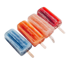Four vibrant, refreshing fruit popsicles in a colorful array of blue, orange, pink, and red, perfect for summer enjoyment and cooling down on a hot day.