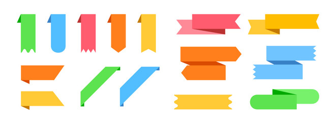 Bookmarks and ribbon banners set. Colorful note and mark elements collection. Different labels and badges pack for promotion, product decoration, price tag, discount sticker. Vector bundle