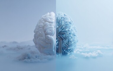 Cerebral Duality: Organic Brain and AI Circuitry Merging Above Clouds