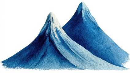 Two majestic, watercolor-style mountains, depicted in shades of deep blue, with white snow-capped peaks