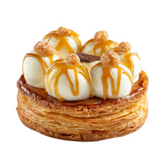 Indulge in this decadent caramelized pastry topped with creamy vanilla mousse and crunchy praline for an exquisite dessert experience, perfect for celebrations or a sweet treat.