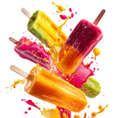 Vibrant fruit popsicles bursting with flavor and color explode in a dynamic, refreshing cascade perfect for summer promotions and sweet treat advertisements.