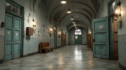 Eerie abandoned hospital corridor with peeling paint texture, Generative Ai 