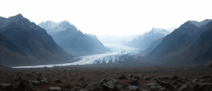 detailed panoramic view of vast mountain valley at dusk - rocky terrain - sharp peaks - misty sky - alien landscape - travel destination | nature, travel, exploration, adventure, scenic theme