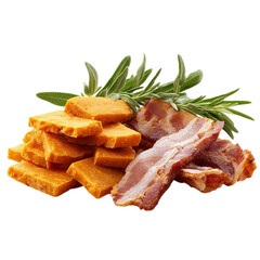 Savory bacon strips piled high with vibrant orange sweet potato cubes and fresh rosemary sprigs, a delicious culinary combination for gourmet recipes.