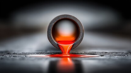 Close-up of Metal Pipe with Red Liquid Dripping on Surface
