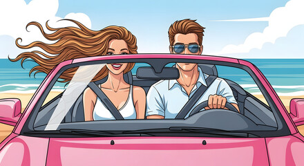 Couple driving pink convertible car on sunny beach