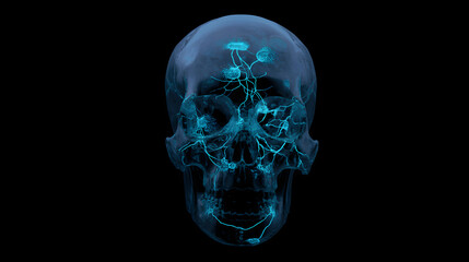 Bioluminescent neural networks pulsing inside a translucent human skull in darkness.