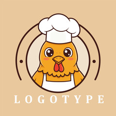 A charming cartoon chicken mascot dressed as a chef, complete with a tall white hat and apron, framed in a clean circular logo layout. Bold 
