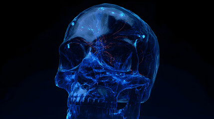 Bioluminescent neural networks pulsing inside a translucent human skull in darkness.