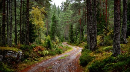 Obraz premium A winding path meanders through a lush forest, surrounded by tall trees and colorful autumn leaves. The atmosphere is peaceful and inviting, perfect for a quiet walk or hike.