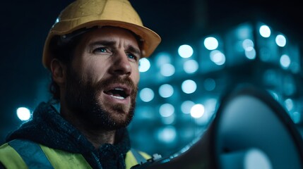 Construction foreman using megaphone on site at night with sharp lighting