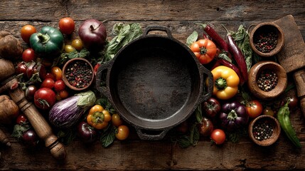 Colorful Fresh Vegetables and Cooking Pot on Rustic Wooden Table