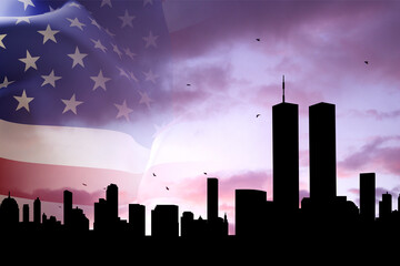 New York skyline silhouette with Towers against the sunset sky. Patriot Day banner. 9.11.2001