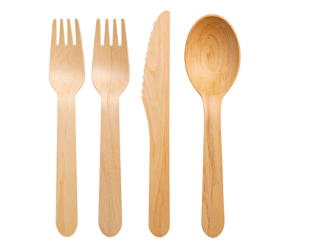 Set of Wooden Fork, Spoon, and Knife Aligned in Row, Top-Down View, isolated on transparent background PNG