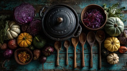 Colorful Vegetables and Cooking Utensils on Rustic Wooden Table