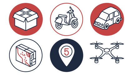 Illustration showing various delivery methods including box scooter car package location and drone icons