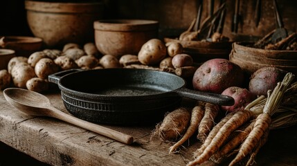 Rustic Kitchen Still Life with Vegetables and Cooking Utensils