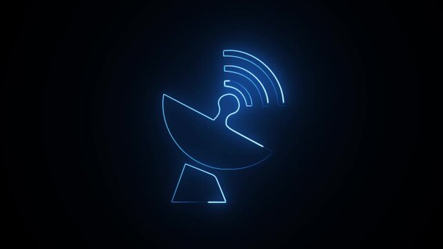 Glowing Neon Satellite Icon, Symbol of Space Communication and Global Connectivity, Animation on Dark Black Background.