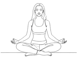 Minimalist Line Art of Woman Meditating in Lotus Pose, Isolated on Transparent Background PNG