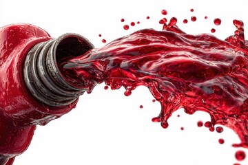 Splashing Red Liquid from Bottle on White Background
