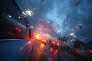 Rainy Evening with Car Lights Blurred through Wet Window Perspective